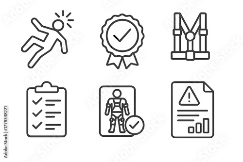 Exoskeleton Safety Icons. Line style icons of exoskeleton safety and regulation: fall detection icon, compliance certificate badge