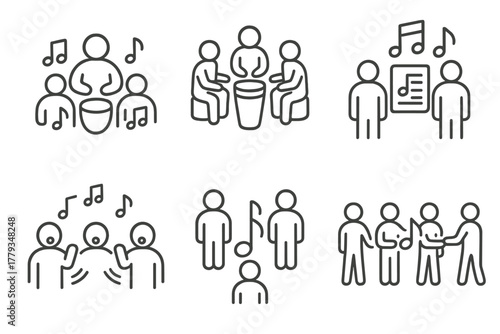 Group Music Therapy Icons. Line style icons of group music therapy activities: collaborative rhythm, drum circle icon, shared song