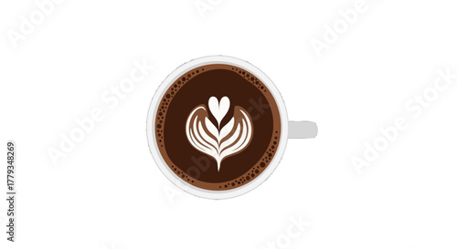 A visually appealing top-down view of a steaming cup of coffee adorned with intricate latte art, showcasing a delicate heart shape