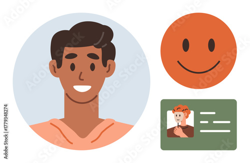 Smiling person in casual attire, orange happy face, and identification card illustration. Ideal for identity, happiness, verification, representation, positivity credentials communication. Simple