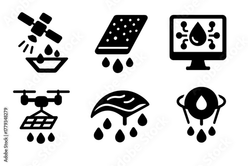 Futuristic Water Technology. Solid style icons of futuristic water capture concepts: satellite-beamed condensation, nanotech fog