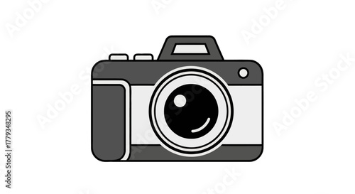Simple black and white illustration of a classic camera on a white background