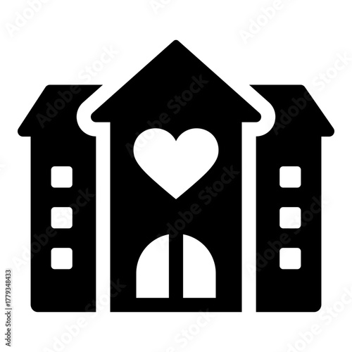 NGO icon with a heart-shaped building, representing charity organization, non-profit support, and community care.