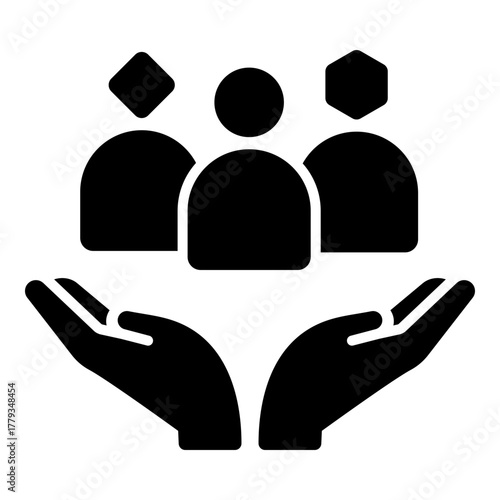 Diversity and inclusion icon showing hands supporting people of different shapes. Represents equality, multicultural unity, and belonging.
