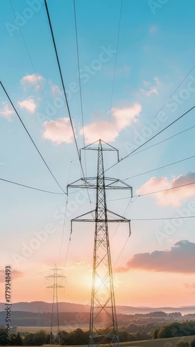 Electric pylon silhouette stands against evening sky, cables stretching into distance, bringing electric power. Pylon is a critical part of electricity infrastructure