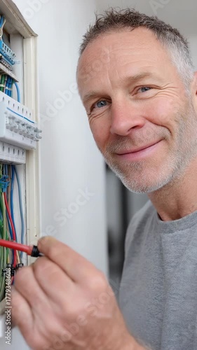 Electrician maintenance with fuse box and voltage tester, ensuring electrical safety in residential settings. Man in electric maintenance performs testing, carefully checking connections