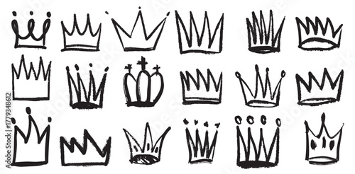 Crown, tiara, diadema king doodle grunge crayon pencil marker hand drawn collection. Scribble bullet journal sticker pack set ink paint bruh isolated on white background.