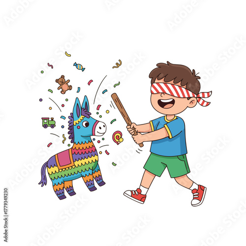 Joyful Curly Haired Boy with Blindfold Playing Pinata Game Outdoors During Daytime Celebration With Colorful Confetti and Candy Falling From Above