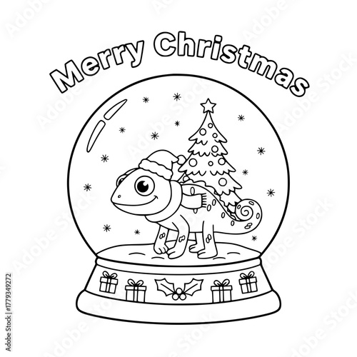 Chameleon inside Christmas snow globe with “Merry Christmas,” coloring book page for toddlers Generative AI