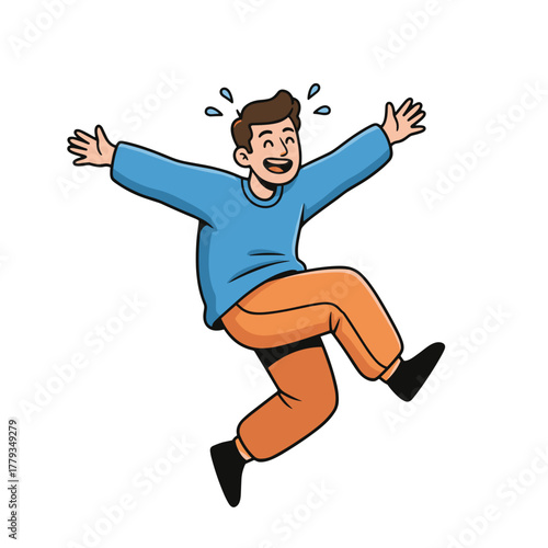 Joyful Man In Blue Long Sleeve Shirt And Orange Pants Jumping Mid Air With Arms Wide Open Happiness Celebration Excitement And Fun Isolated On Black Background Minimalist Flat Illustration Style