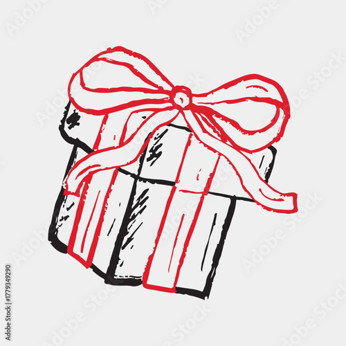 Hand drawn crayon gift box with red ribbon. Vector sketch illustration in vintage retro ink style. Merry Christmas design, holiday celebration, happy birthday