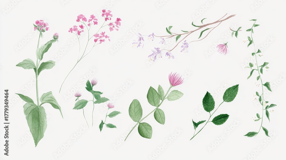 Fototapeta premium Watercolor hand-drawn botanical illustrations of medicinal herbs and wildflowers, detailed with delicate lines and soft pastel hues, representing holistic health, natural remedies, and eco-conscious l