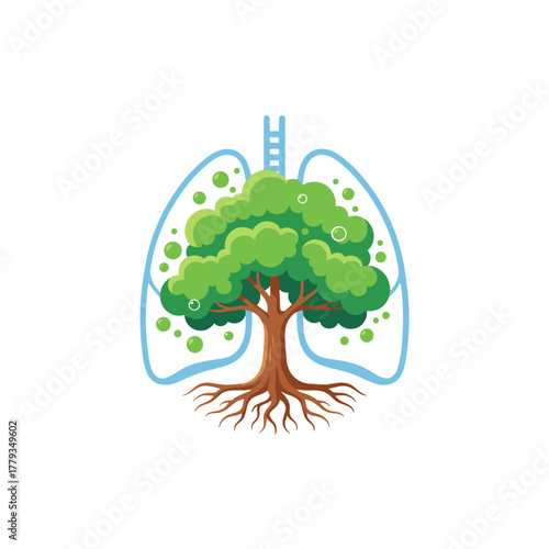 Green Tree Growing Inside Lungs Shape Symbolizing Healthy Lungs and Environmental Care Clean Vector Graphic On White Background