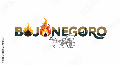 Illustration Bojonegoro logo with flame symbol and horse carriage icon