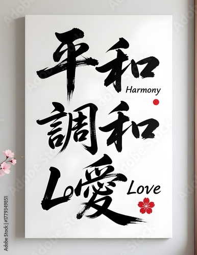 Modern Japanese Kanji Wall Art – Peace, Harmony, Love Calligraphy
