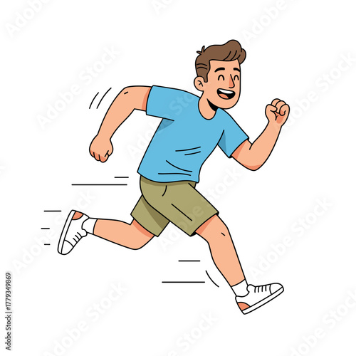 Happy Man Running Outdoors with Blue T-shirt and Khaki Shorts Wearing White Sneakers and Socks in a Dynamic Pose on a Transparent Background