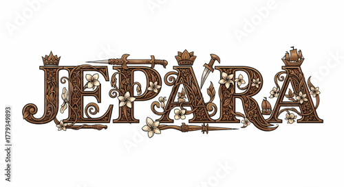 Decorative illustration jepara letters with floral crown ship and dagger design