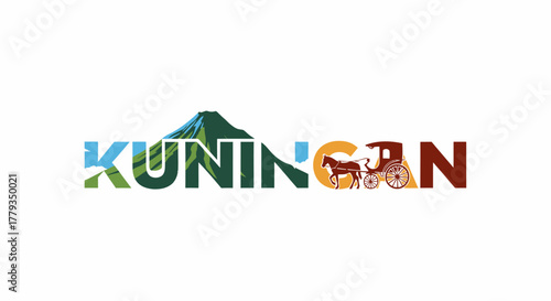 Graphic Illustration Kuningan text art with mountain and horse carriage silhouette