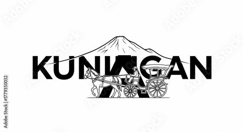 Flat vector Kuningan with horse carriage illustration mountain background travel