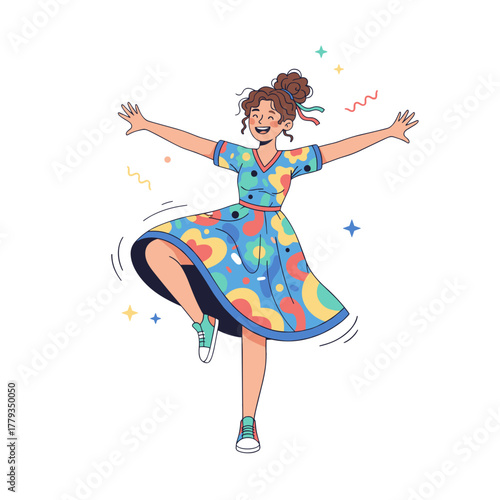 Happy Young Woman In A Blue Floral Dress Dancing With Arms Wide Open And A Joyful Expression Isolated On A White Background With Colorful Confetti Elements And Stars 