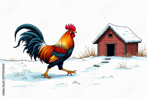 Colorful rooster walking in the snow with a small wooden barn in a winter landscape