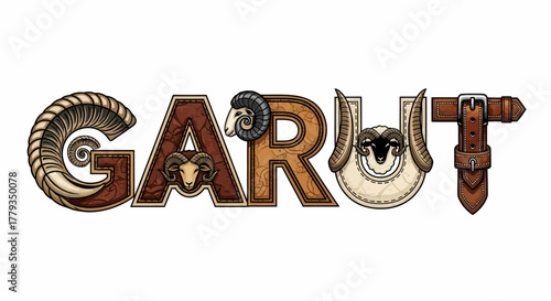 Illustrated decorative word garut with ram and leather belt elements