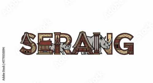 Illustrated text SERANG with rhino and baduy house concept design