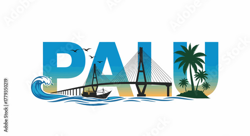 Illustration Palu city skyline featuring bridge wave birds palms silhouette design