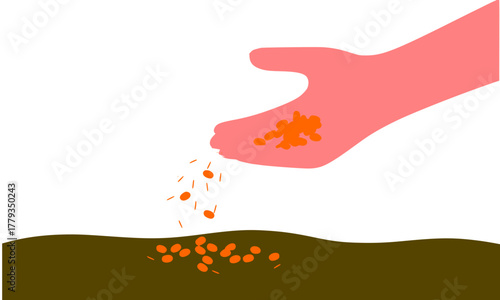 Hand sowing seeds into rich brown soil, symbol of agriculture, planting, growing, gardening, new beginnings, sustenance, and cultivation.