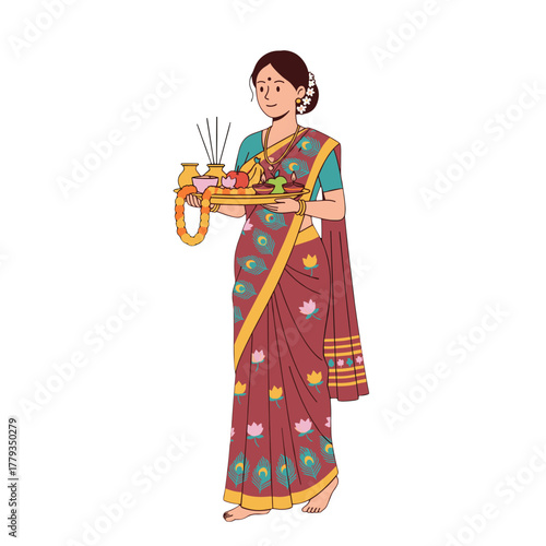 Indian Woman In Traditional Maroon Saree With Yellow Border Holding A Tray Of Offerings And A Garland