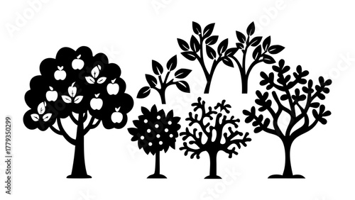 Silhouette of Tree Collection: A collection of various tree silhouettes, depicting diverse forms, textures, and foliage. Each one showcasing unique characteristics