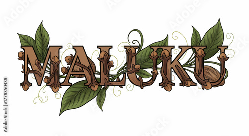 Illustration maluku text with leaves cloves floral design graphic