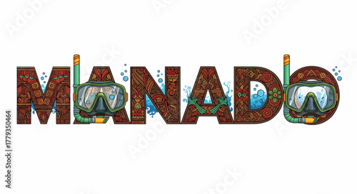 Decorative Manado typography with traditional motifs and diving gear illustration