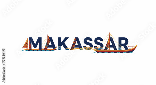 Flat vector makassar pinisi schooner boat illustration travel icon design indonesia