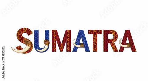 Decorative sumatra lettering adorned with ikat patterns and tusk illustration