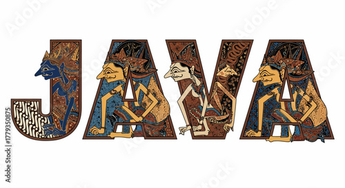 Decorative typography art showing wayang puppets inside JAVA letters illustration