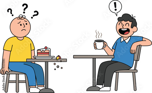 Cartoon characters in café scene, confused and happy expressions, coffee and cake illustration, social interaction concept, communication and idea moment