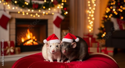 Two Cute Pet Rats in Santa Hats Celebrating Christmas by Fireplace with Holiday Decorations