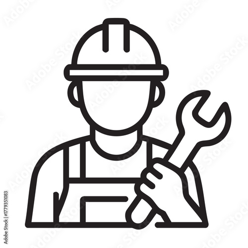 Construction worker with a wrench simple black and white line art icon