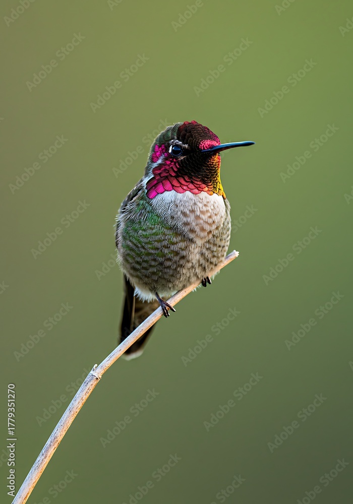 Fototapeta premium Annas Hummingbird Perched on a Twig in Natural Light.
