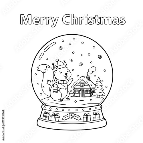 Red squirrel inside Christmas snow globe with “Merry Christmas,” coloring book page for toddlers Generative AI