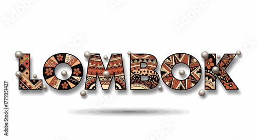 3D illustration lombok typography with ethnic patterns and silver beads