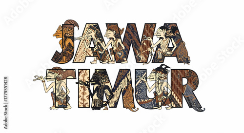 Decorative typography with traditional Javanese Wayang puppets Java Timur