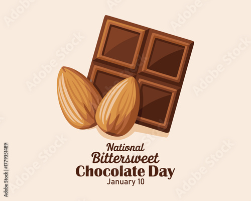 National Bittersweet Chocolate Day vector. Dark chocolate bar and almonds icon vector. January 10.