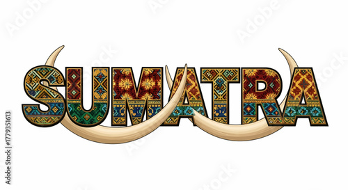 Decorative Sumatra text with ethnic pattern and ivory tusks graphic