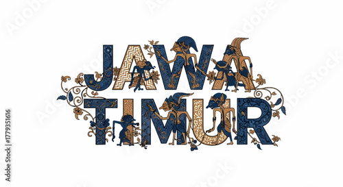 Decorative java timur lettering featuring wayang kulit puppets illustration