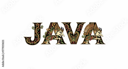Ornate java lettering featuring wayang kulit puppet elements illustration