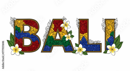 Decorative vector Bali text with floral Frangipani and traditional patterns