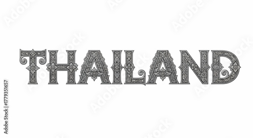Ornate Thailand Text Design in Decorative Silver Letters Isolated