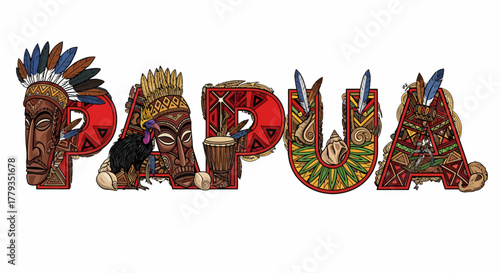 Decorative Papua typography illustration featuring traditional cultural elements art